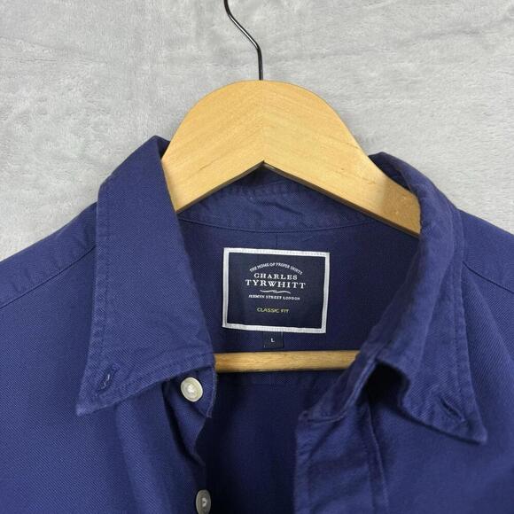Charles Tyrwhitt Navy Blue Button-Up Shirt L Classic Fit 100% Cotton Long Sleeve - Picture 4 of 8